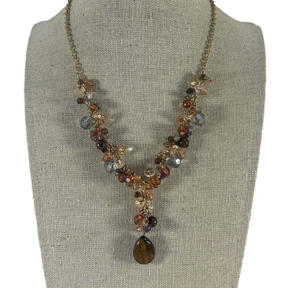 Avon Necklace Beaded Drop Faux Tigers Eye Pendant Fall Colors Gold Tone Dangle